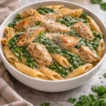 Healthy garlic parmesan chicken pasta dish with fresh ingredients