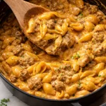One Pot Cheesy Italian Sausage and Shells dish ready to serve