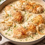 Delicious plate of sour cream and onion chicken garnished with herbs