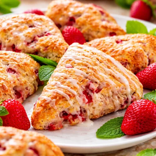 Freshly baked strawberry scones topped with a sweet vanilla glaze.