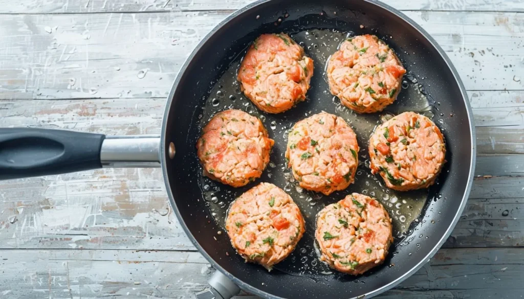 4. Heat 1 Tbsp oil and 1 Tbsp butter in a large pan over medium heat and once butter is done sizzling, add half of the salmon cakes and sauté 3 1/2 to 4 minutes per side or until golden brown and cooked through.Salmon Cakes Recipe