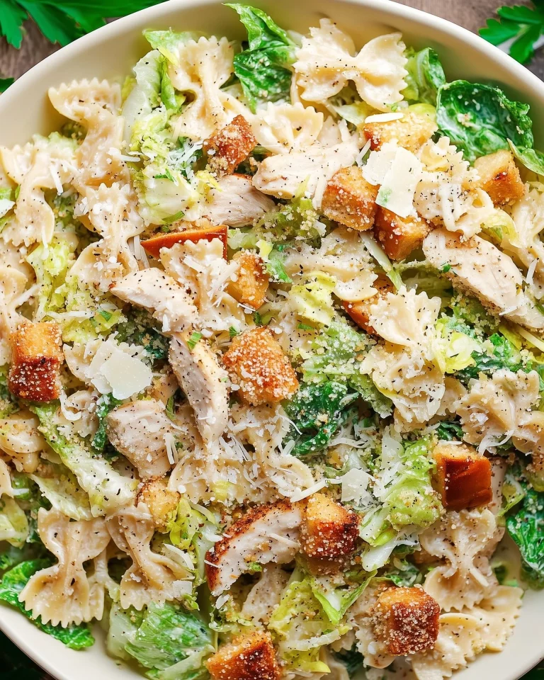 Delicious Chicken Caesar Pasta Salad with chicken, pasta, and Caesar dressing