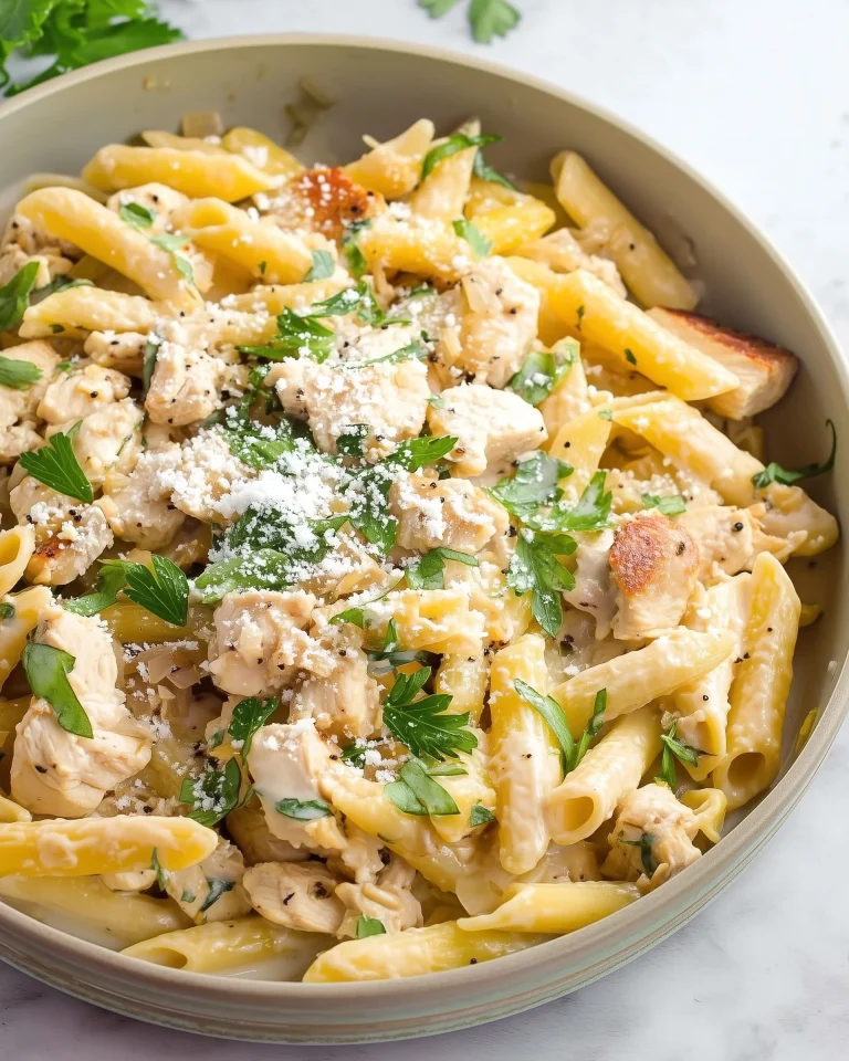 Creamy garlic chicken pasta served in a bowl topped with parsley