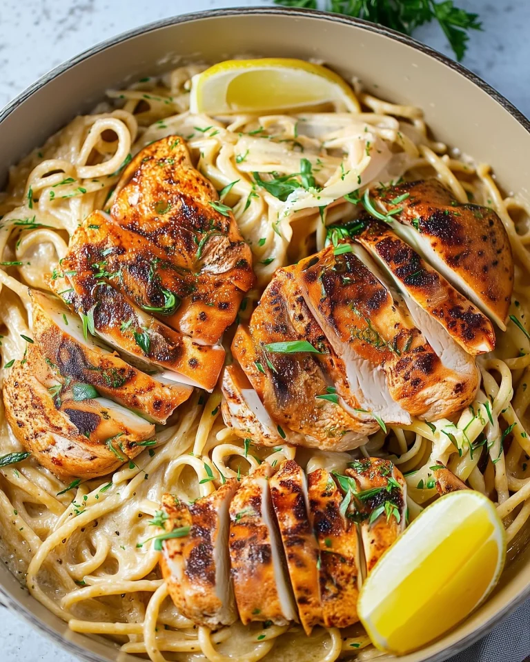Creamy lemon chicken pasta garnished with herbs and parmesan cheese.