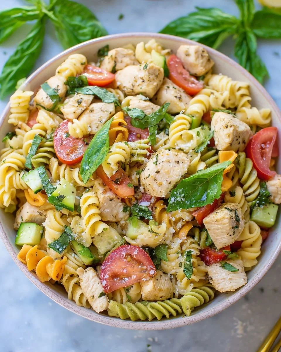 Delicious Italian Chicken Pasta Salad with fresh vegetables and herbs