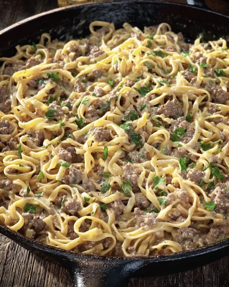 Delicious Beef Stroganoff served with creamy sauce and noodles