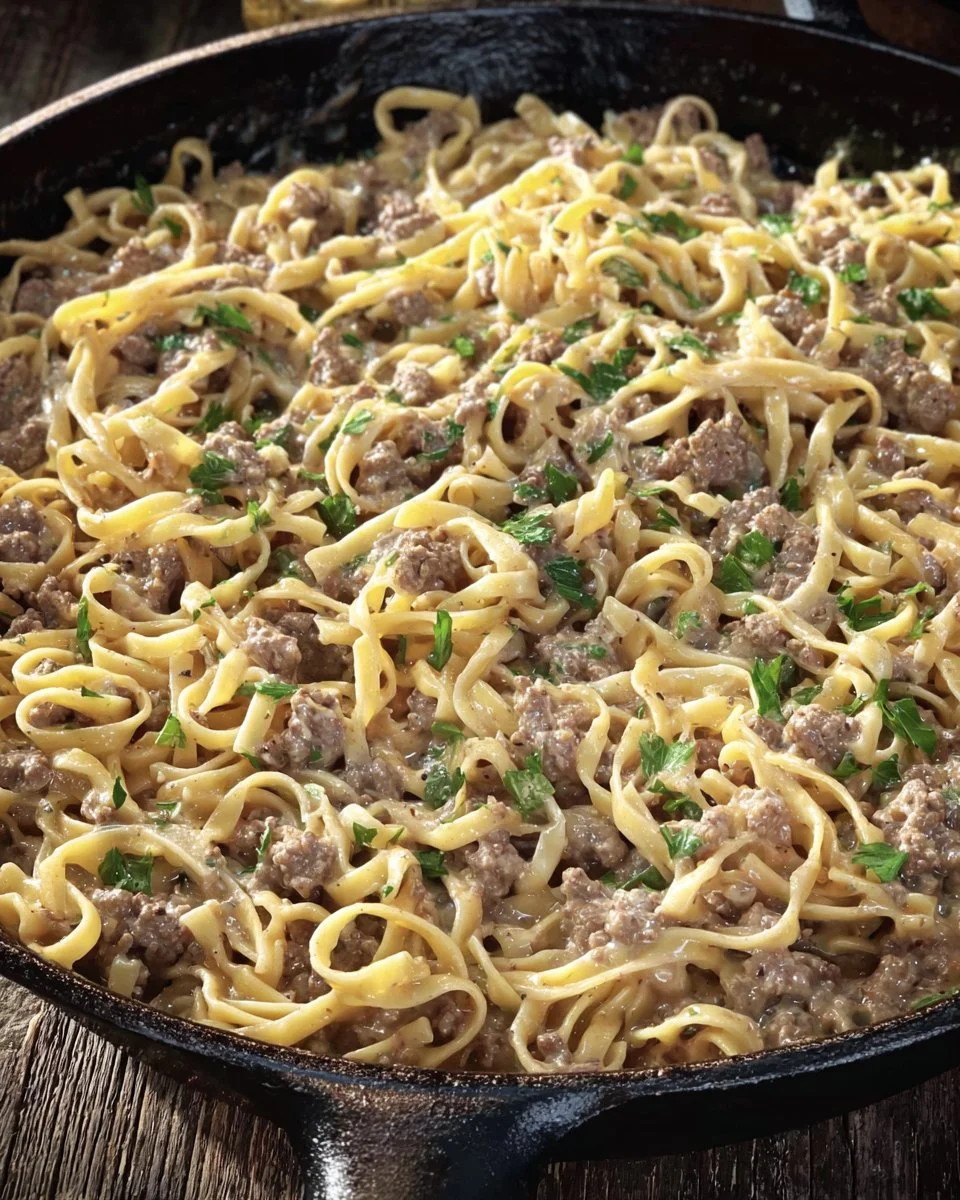 Delicious Beef Stroganoff served with creamy sauce and noodles