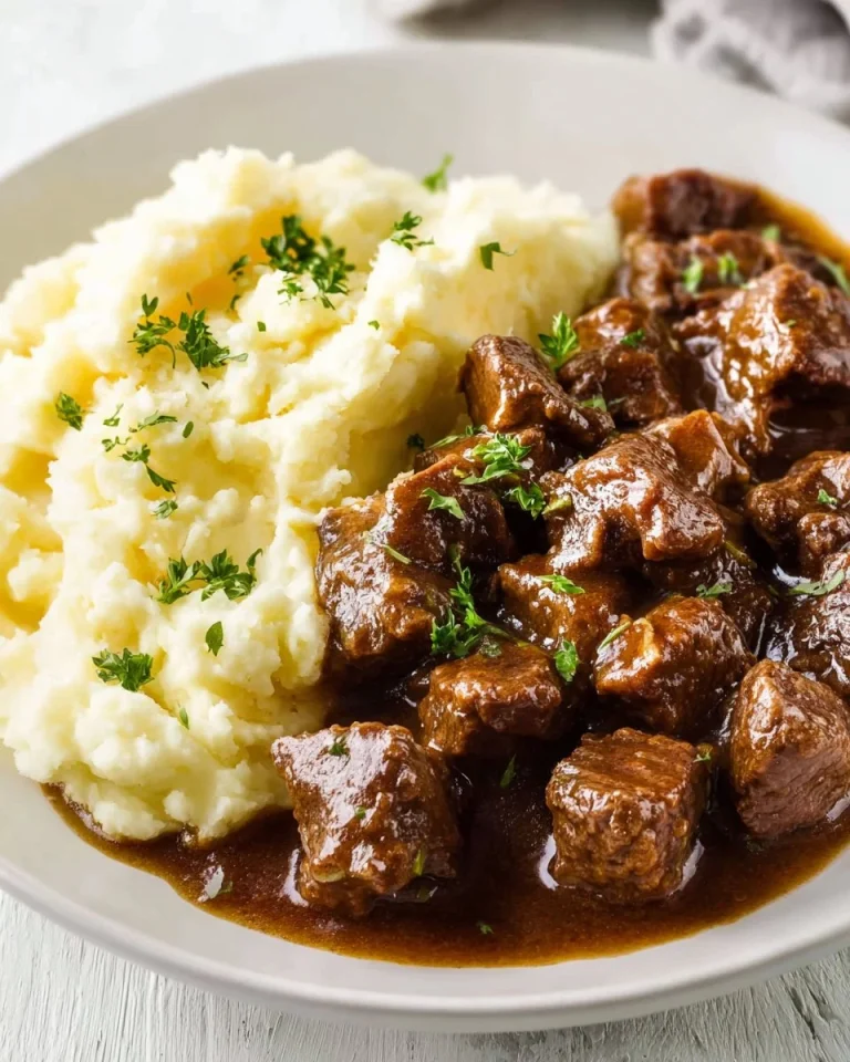 Plate of tender beef tips served with rich gravy on a rustic table