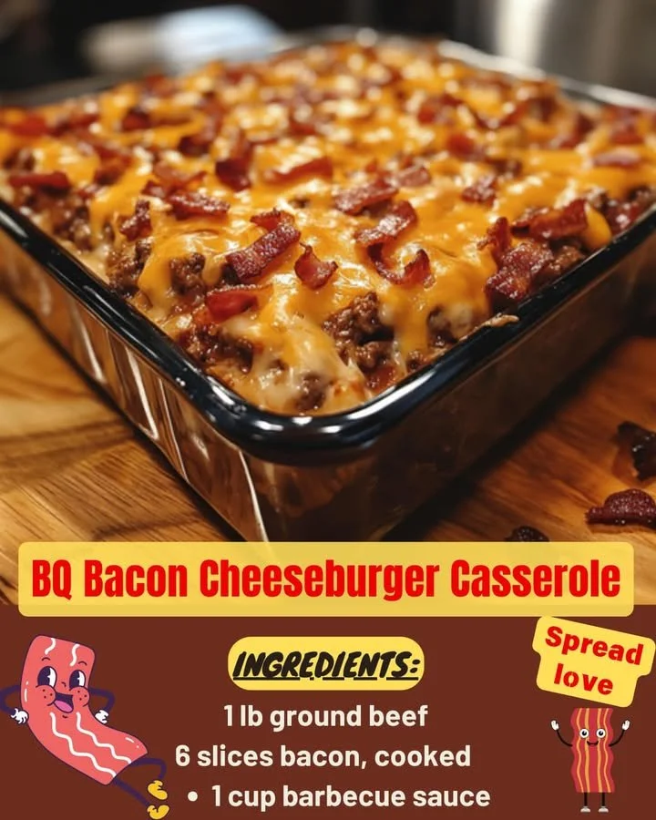 Delicious BQ Bacon Cheeseburger Casserole with bacon and melted cheese