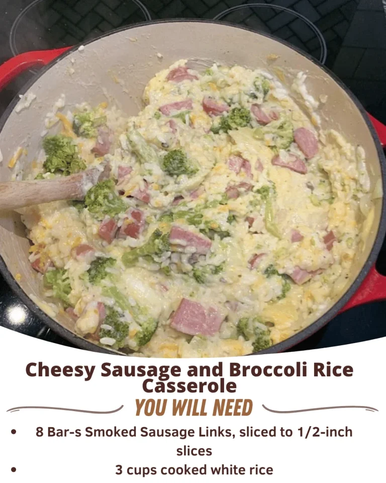 Cheesy Sausage and Broccoli Rice Casserole served in a baking dish
