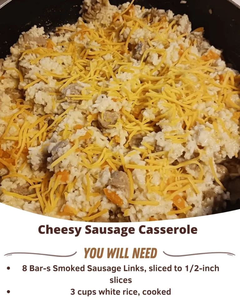 Cheesy sausage casserole dish with melted cheese and sausage pieces