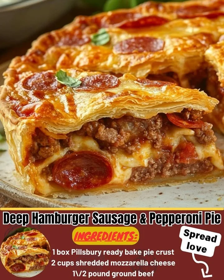 Delicious Deep Hamburger Pie with sausage and pepperoni served in a rustic setting