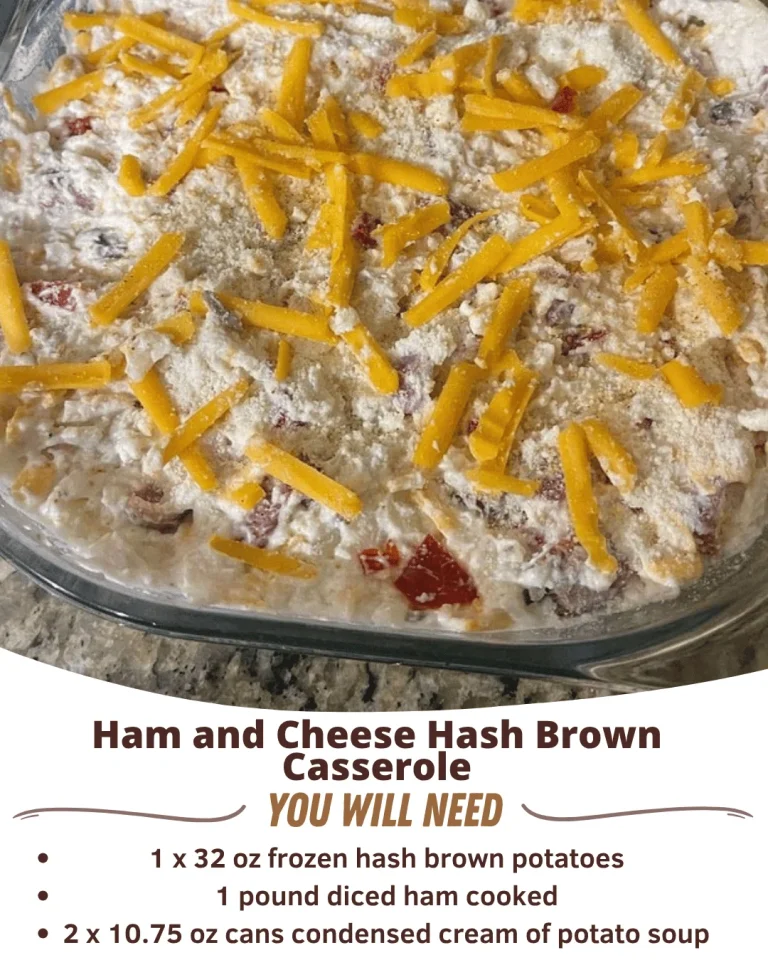 Ham and Cheese Hash Brown Casserole served in a baking dish