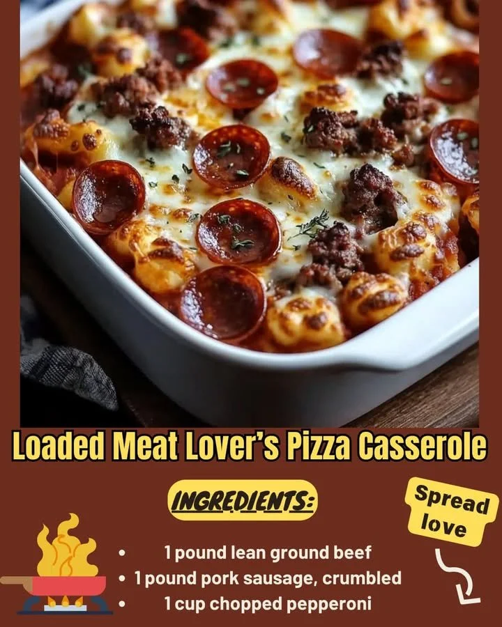 Delicious Loaded Meat Lover’s Pizza Casserole topped with cheese and various meats.