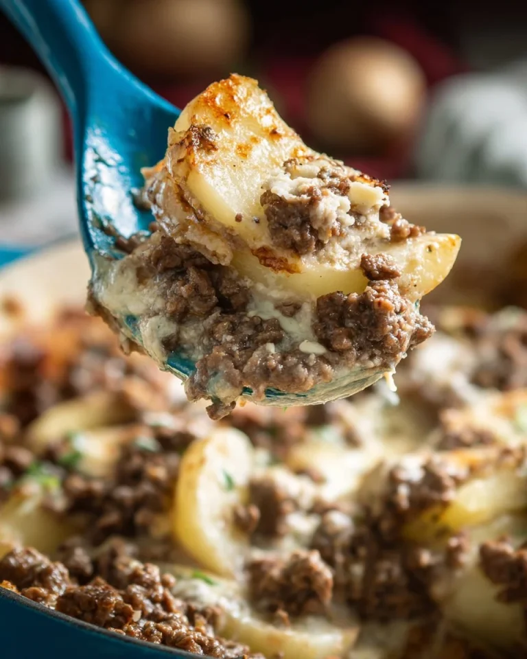 Delicious Potato Hamburger Casserole served in a baking dish
