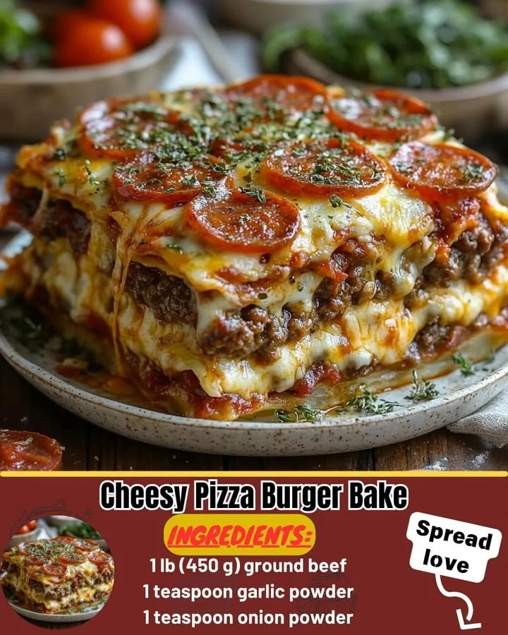 Cheesy pizza burger bake topped with melted cheese and fresh ingredients.