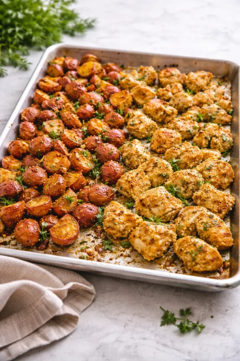 Baked garlic parmesan chicken with seasoned potatoes in a serving dish