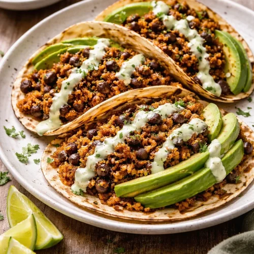 Black Bean Quinoa Tacos with Cilantro Lime Cashew Cream served on a plate