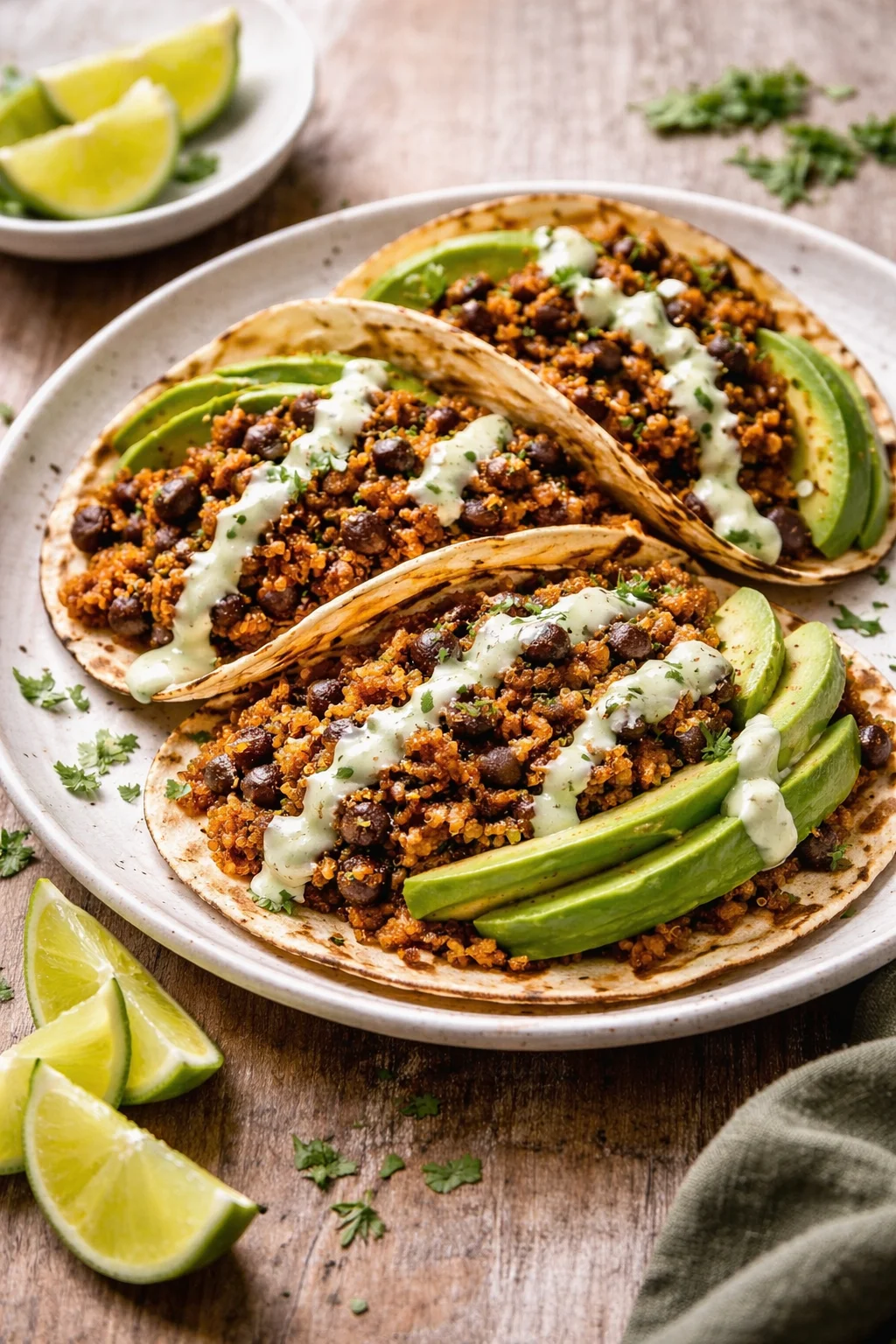 Black Bean Quinoa Tacos with Cilantro Lime Cashew Cream served on a plate