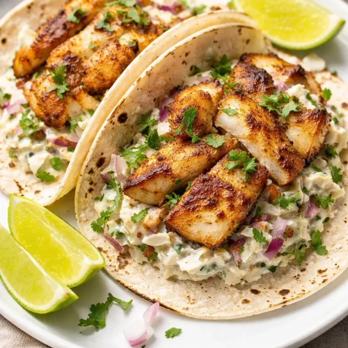Plate of blackened fish tacos topped with fresh ingredients and lime wedges