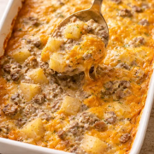 Cheesy Ground Beef and Potato Casserole topped with golden cheese
