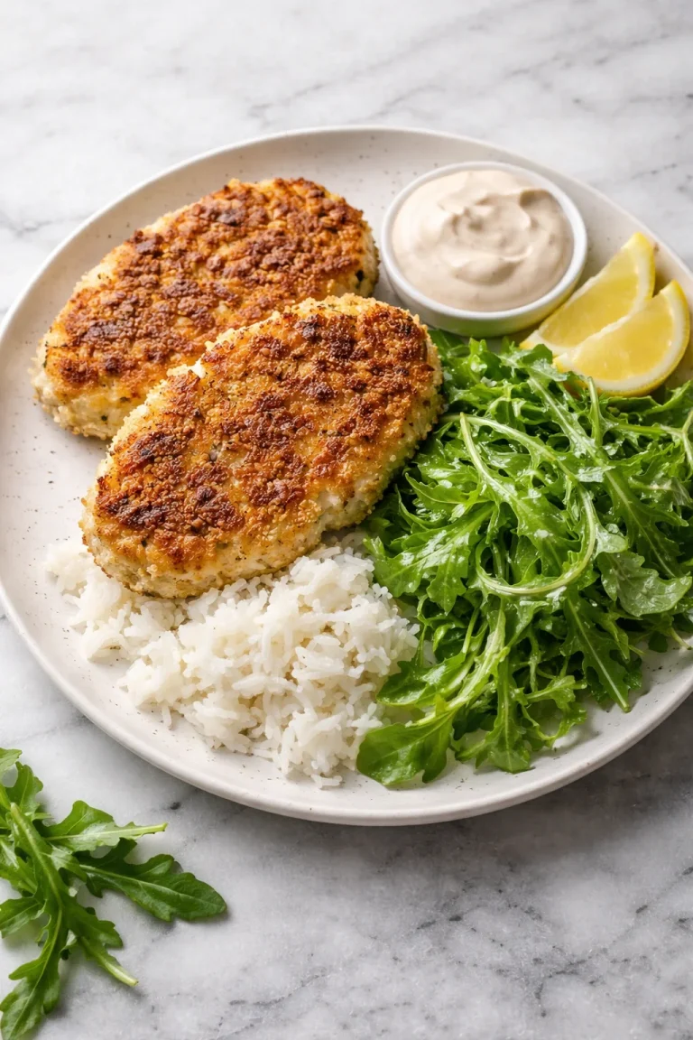 Delicious homemade chicken patties with herbs and spices on a plate.
