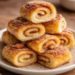 Delicious cinnamon roll snails topped with icing on a wooden table.