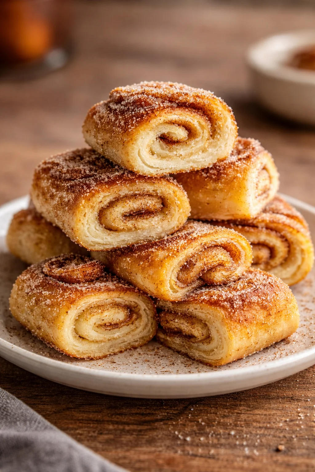 Delicious cinnamon roll snails topped with icing on a wooden table.