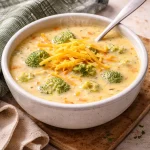 Bowl of homemade copycat Panera broccoli cheddar soup with cheese and broccoli.