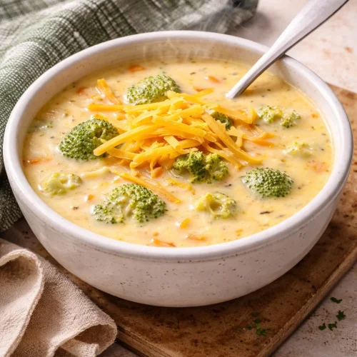 Bowl of homemade copycat Panera broccoli cheddar soup with cheese and broccoli.