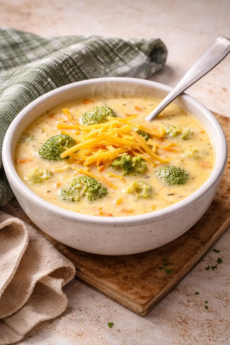 Bowl of homemade copycat Panera broccoli cheddar soup with cheese and broccoli.