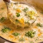 Creamy broccoli cheese soup in a bowl with toppings