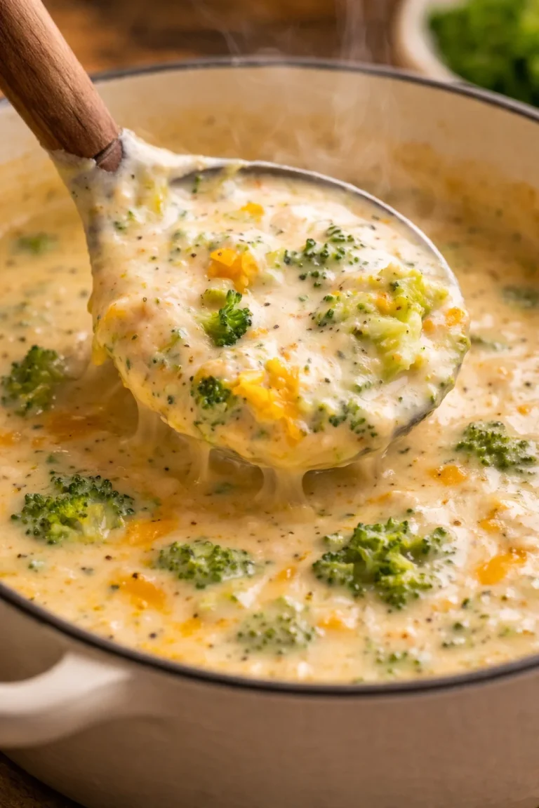 Creamy broccoli cheese soup in a bowl with toppings