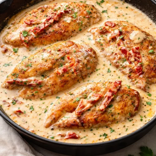 Delicious creamy Cajun chicken garnished with herbs and served on a plate
