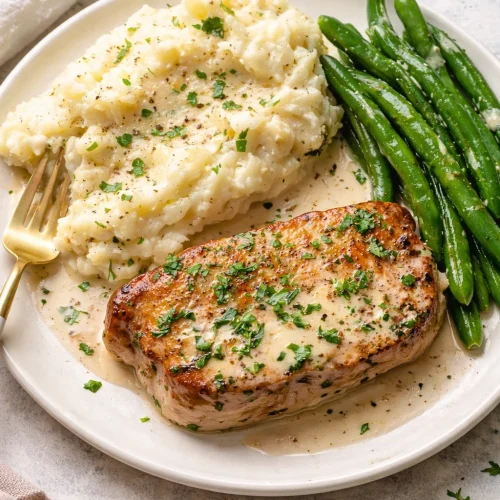Creamy white wine pork chops with herbs and spices served on a plate.