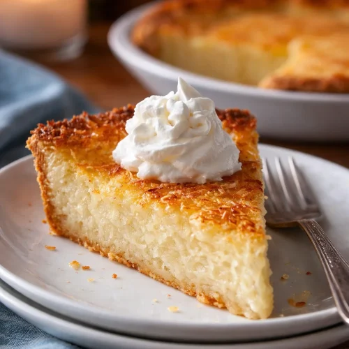 Slice of easy coconut rum pie on a plate with coconut shavings