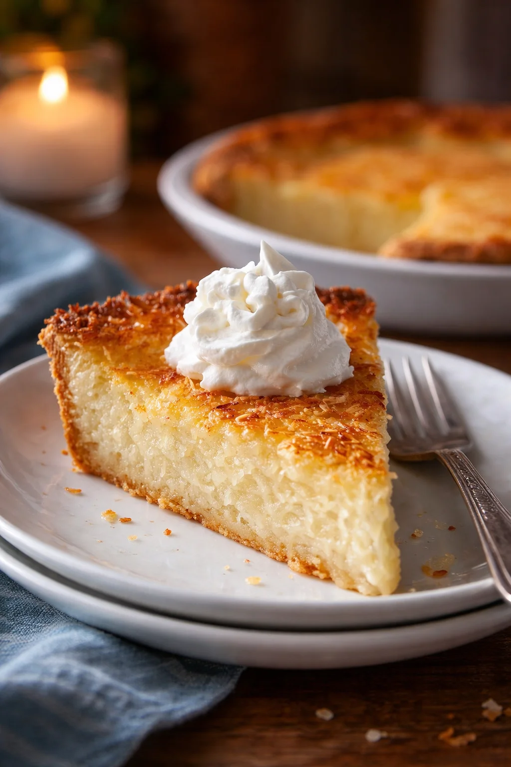 Slice of easy coconut rum pie on a plate with coconut shavings