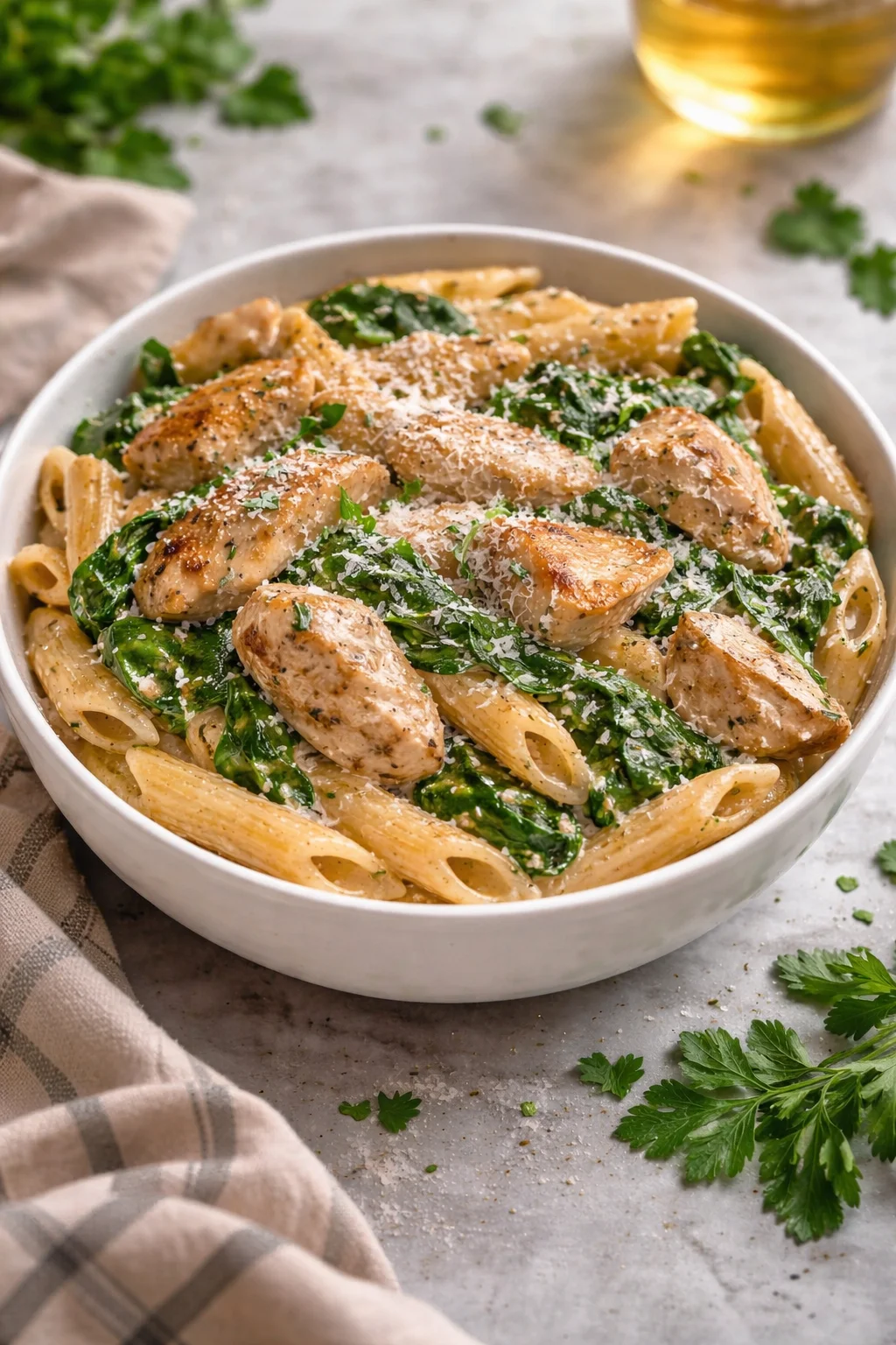 Healthy garlic parmesan chicken pasta dish with fresh ingredients