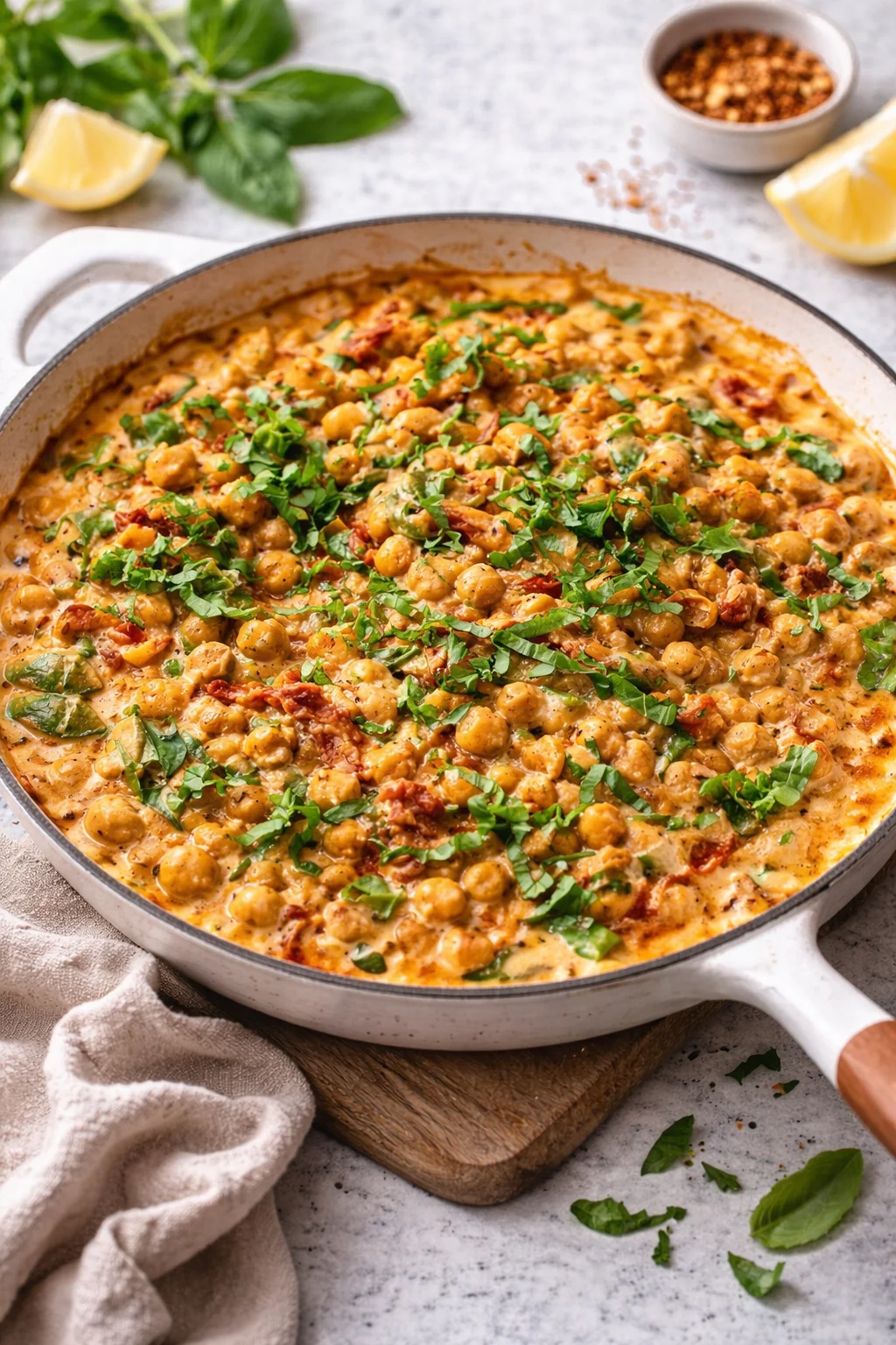 Delicious Marry Me Chickpeas dish garnished and ready to serve