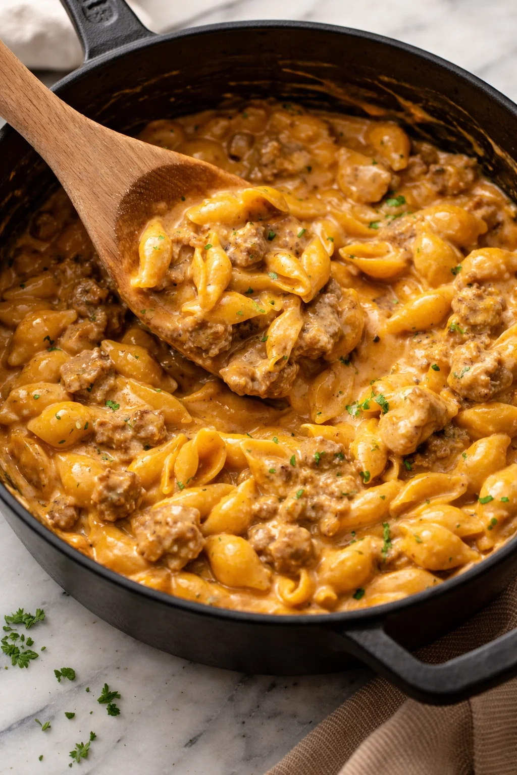 One Pot Cheesy Italian Sausage and Shells dish ready to serve