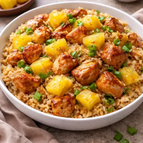 A colorful pineapple chicken stir-fry served in a bowl, garnished with fresh vegetables.
