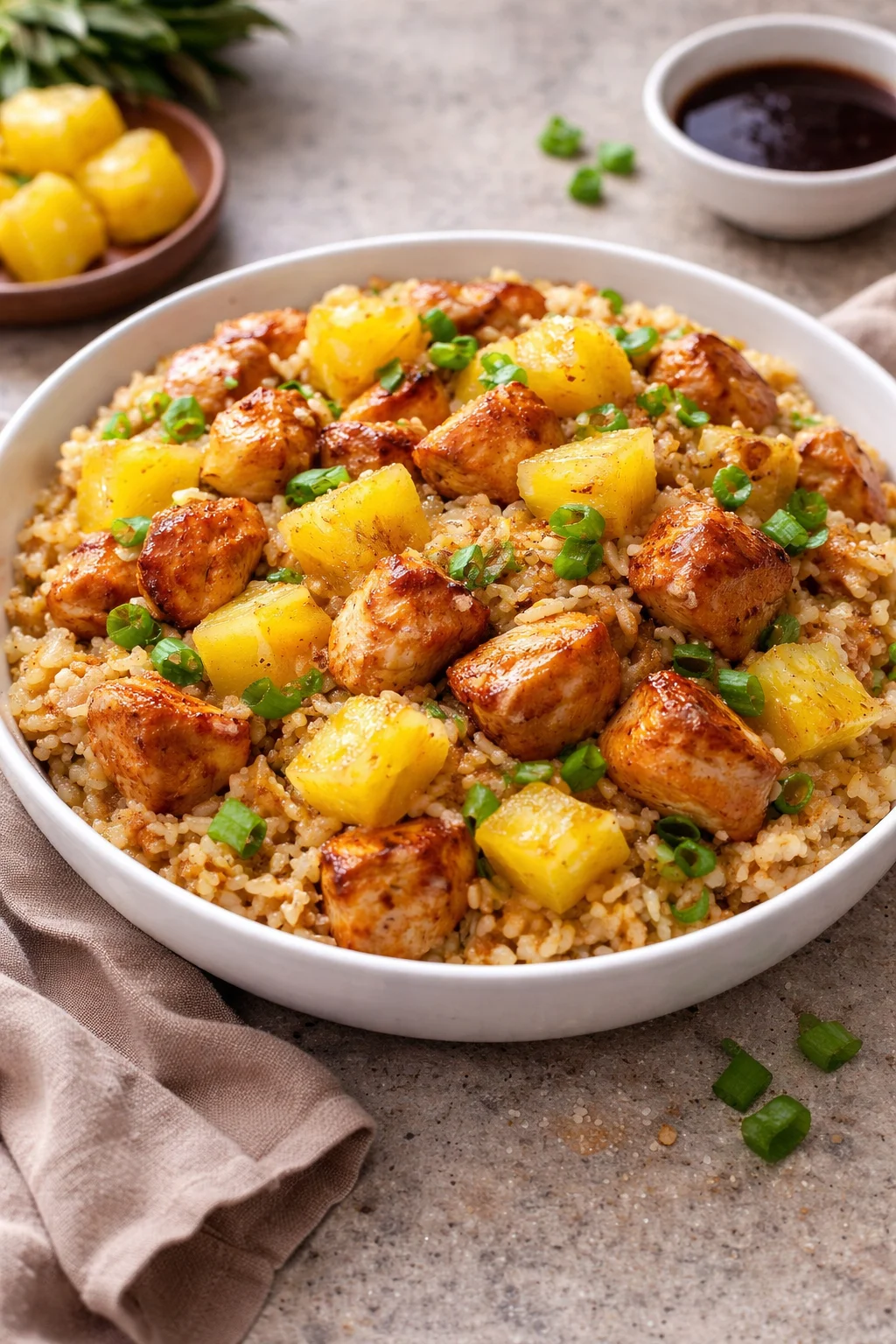 A colorful pineapple chicken stir-fry served in a bowl, garnished with fresh vegetables.