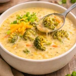 Bowl of slow cooker broccoli cheese soup topped with cheddar cheese