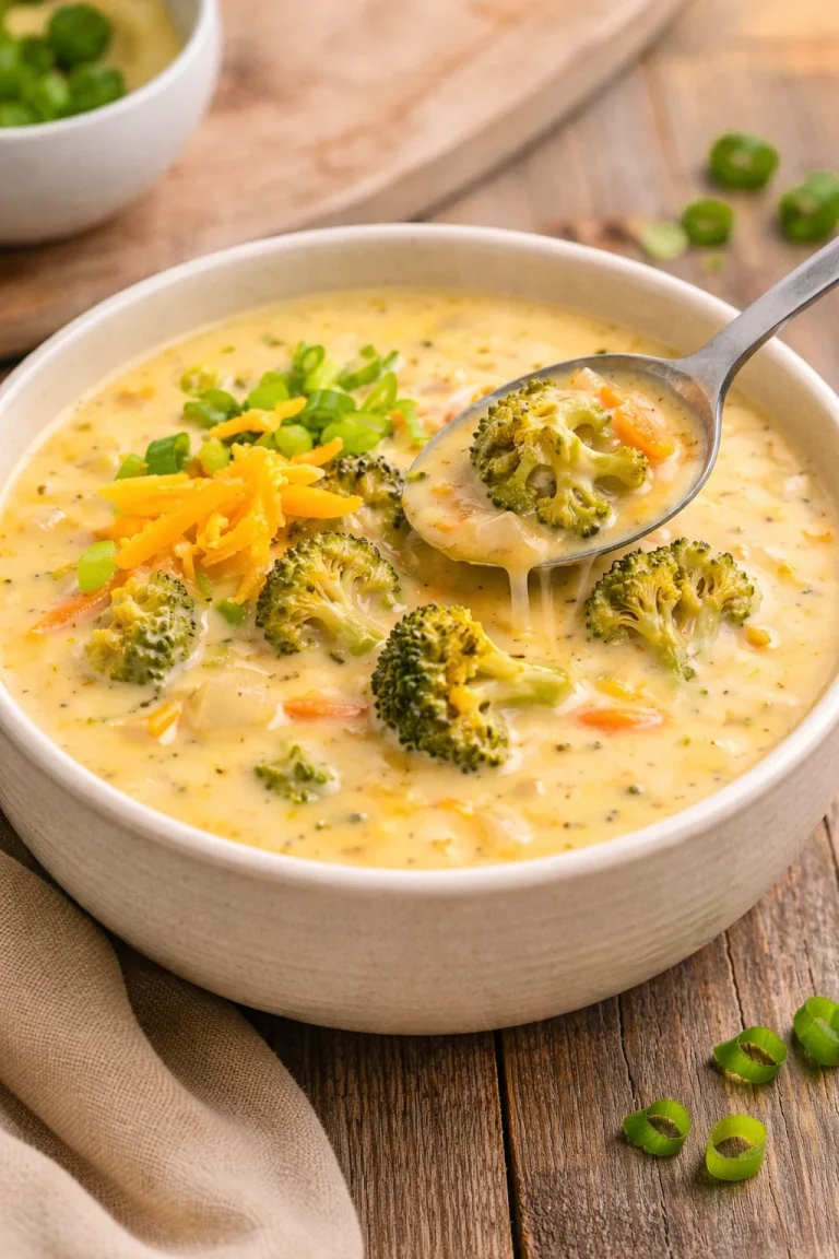 Bowl of slow cooker broccoli cheese soup topped with cheddar cheese