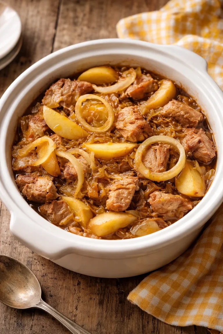 Slow cooker pork loin with sauerkraut and apples served in a rustic dish.