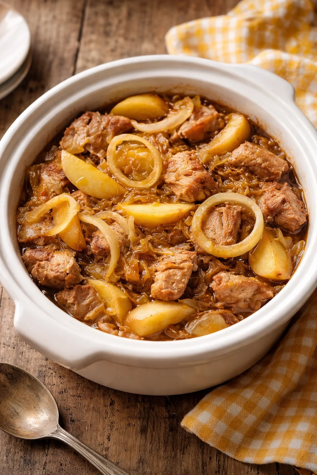 Slow cooker pork loin with sauerkraut and apples served in a rustic dish.
