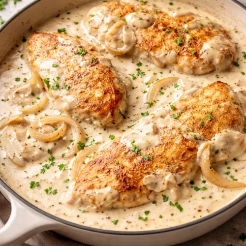 Delicious plate of sour cream and onion chicken garnished with herbs