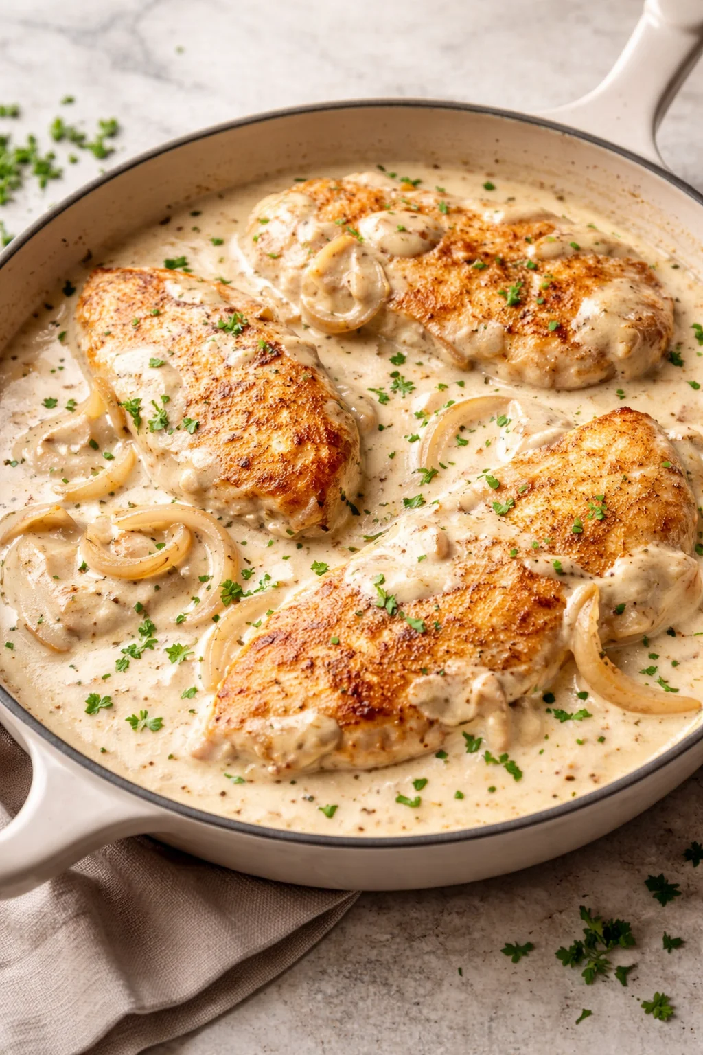 Delicious plate of sour cream and onion chicken garnished with herbs