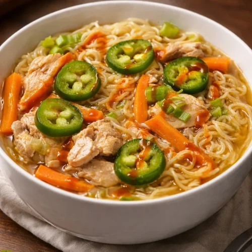 Delicious spicy chicken ramen soup garnished with green onion and chili flakes.