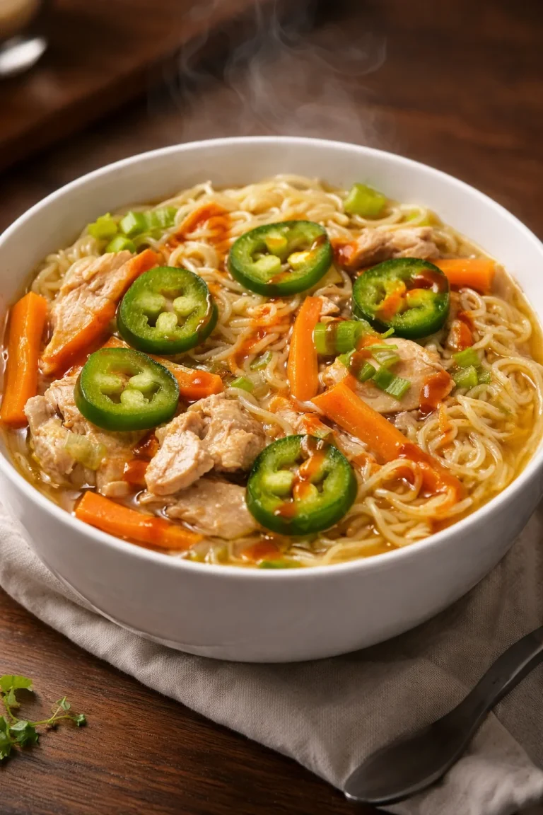 Delicious spicy chicken ramen soup garnished with green onion and chili flakes.